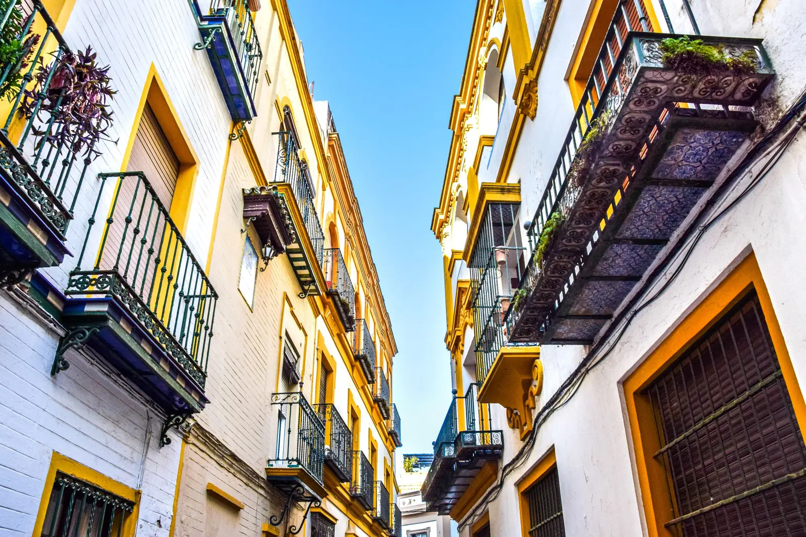 Calle estrecha entre edificios encalados con recercados amarillos, balcones de forja con macetas y un mirador de hierro y azulejo en primer plano