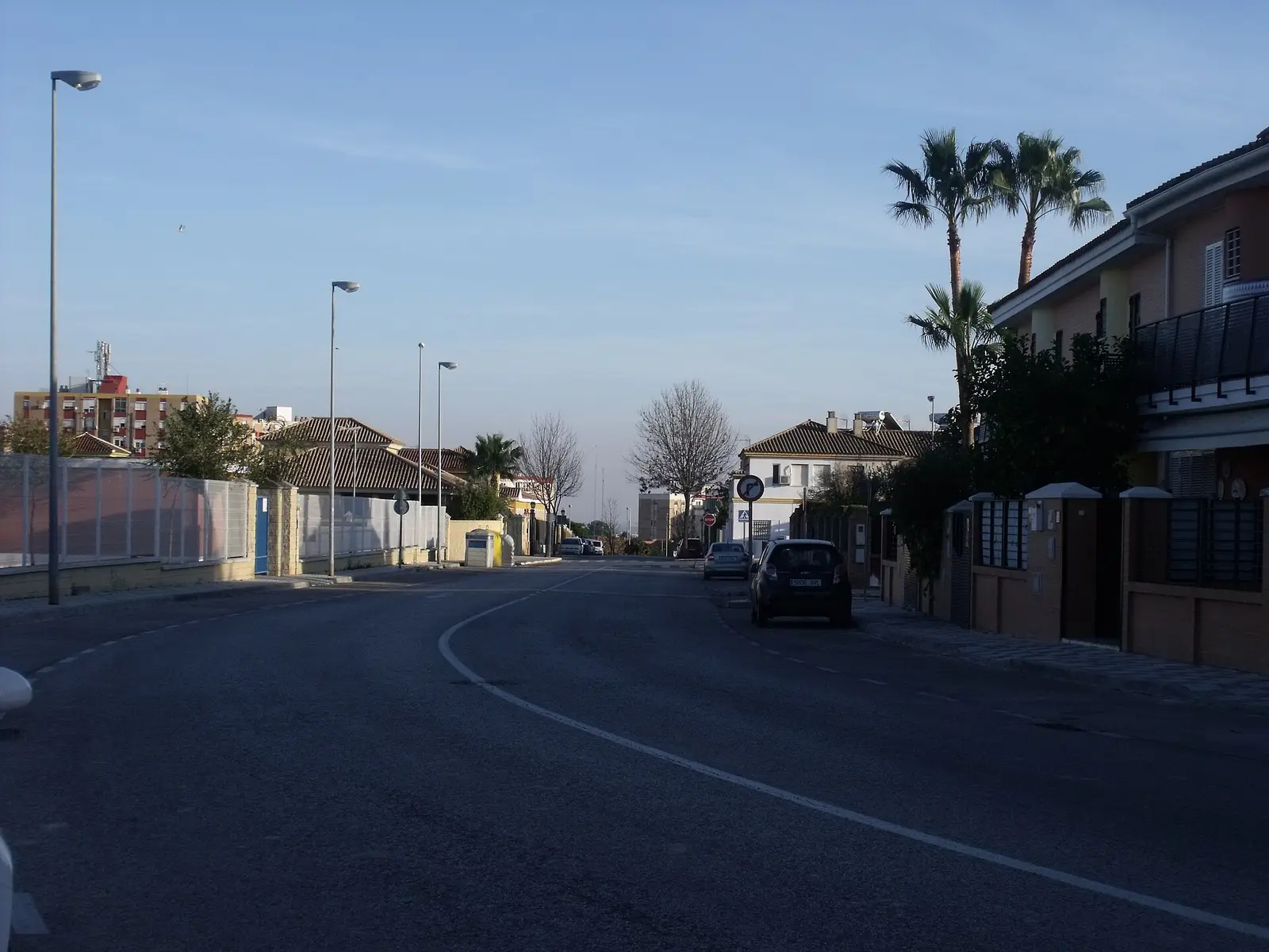 Calle residencial de Bormujos con viviendas adosadas de dos plantas tras muros con cancela, palmeras y farolas, y edificios de pisos al fondo